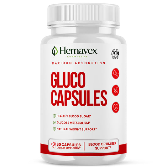Hemavex Gluco Capsules, Hemavex Nutrition Gluco Capsules Pill (60 Capsules) | Hemavex Advanced Formula Vitamin Supplement Supporting Health and Wellness Naturally with Premium Ingredients